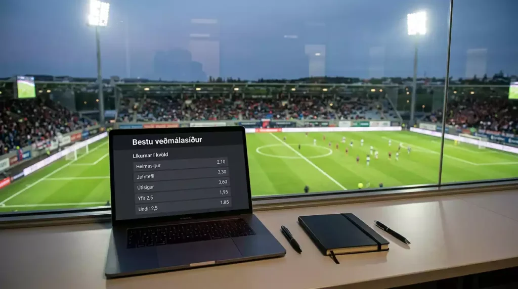 Fótboltavöllur með tölvuskjá sem sýnir veðmálalíkur og HM-2026-merki