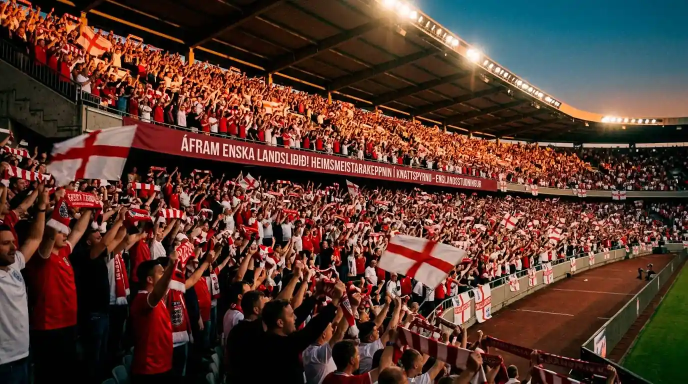 Stuðningsmenn England í rauðum og hvítum litum á áhorfendapöllum World Cup leikvangs