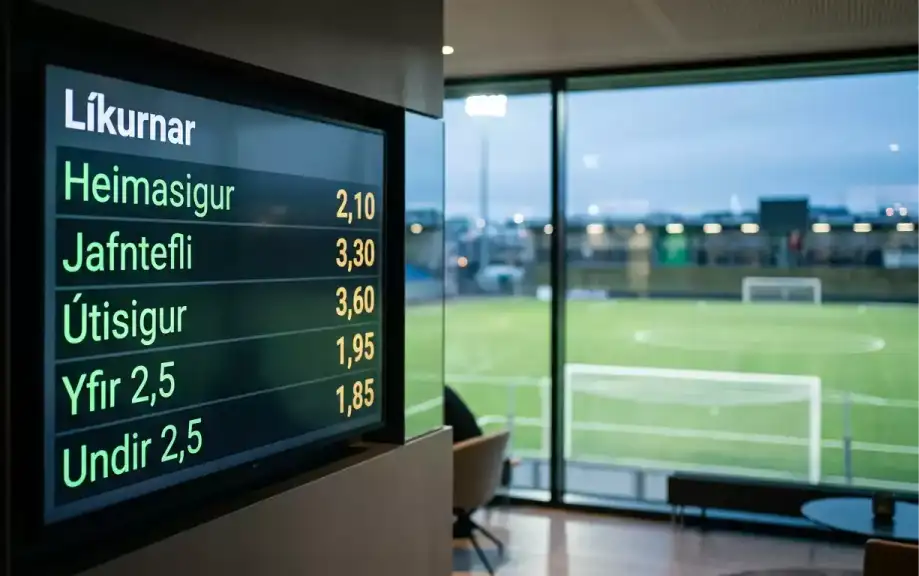 Líkur á HM 2026 sýndar á stafrænum skjá með fótboltavelli í bakgrunni