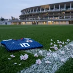 Japanskur fótboltavöllur með bláum búningum og asískri HM-stemmningu