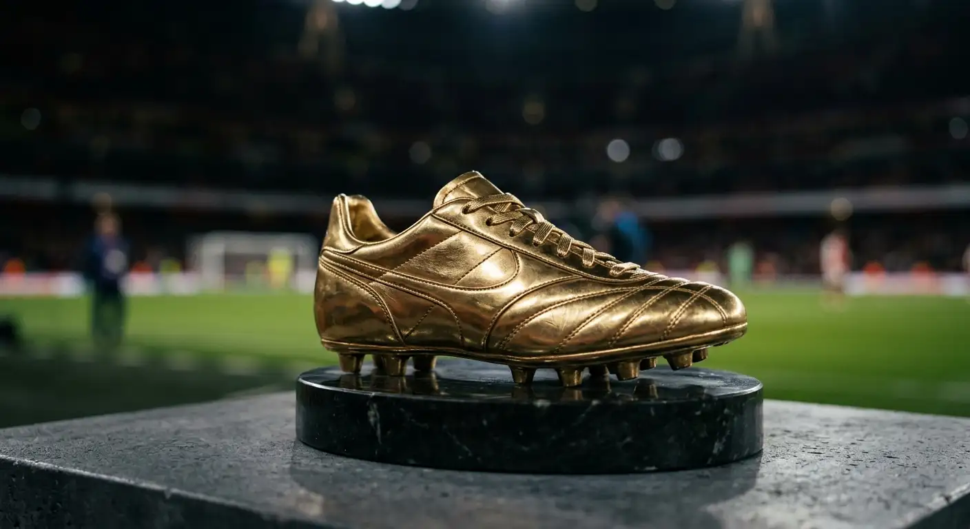 Gullskór á stalli í dimmu leikvangsumhverfi, tákn um markakóng HM 2026 — táknræn mynd