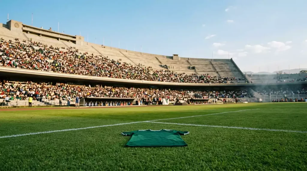 Estadio Azteca í Mexico City með mexíkóskum fótboltaaðdáendum og grænni treyju