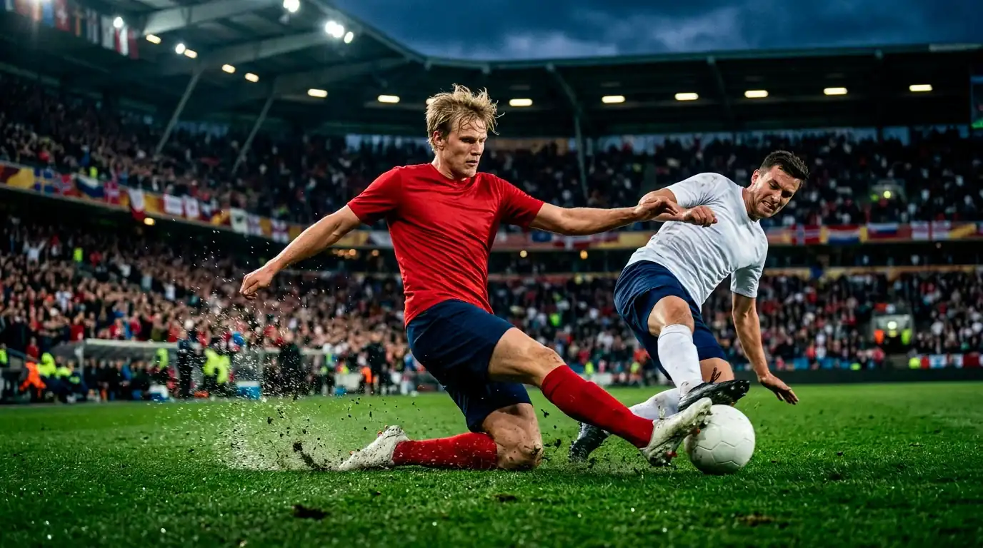 Erling Haaland í baráttu á miðjuvellinum — táknræn mynd af Noregi á HM 2026