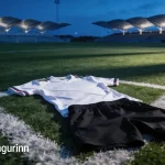 Þýskur fótboltavöllur með hvítri treyju og svörtum buxum á grasi