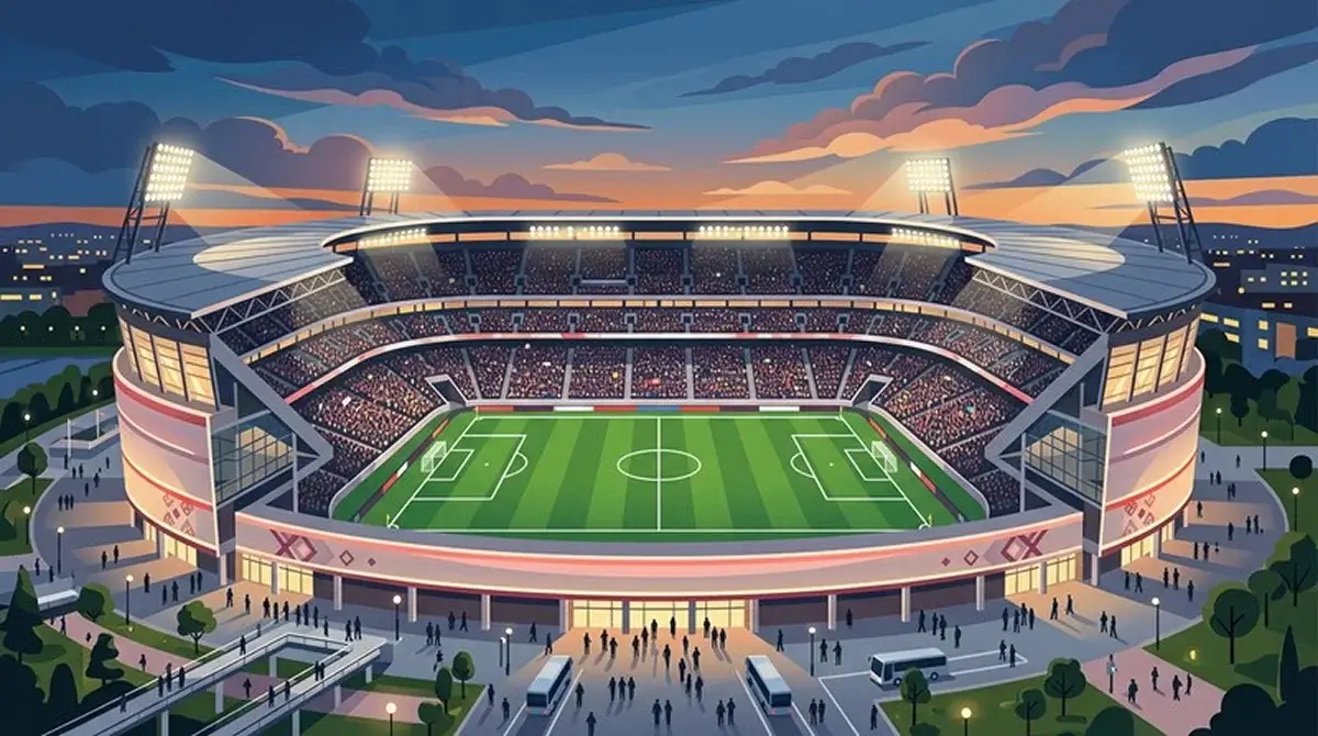 Fótboltavöllur upplýstur að kvöldi þegar útsláttarkeppni HM 2026 hefst — táknræn mynd